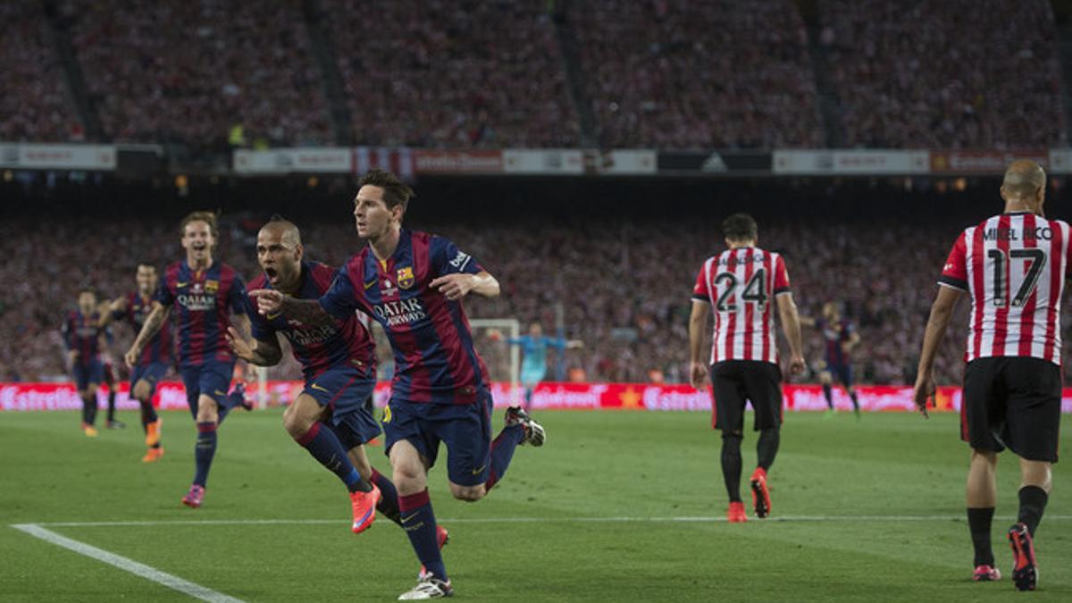 Messi celebra el primer gol del Barça ante el Athletic en la final de la Copa del Rey.