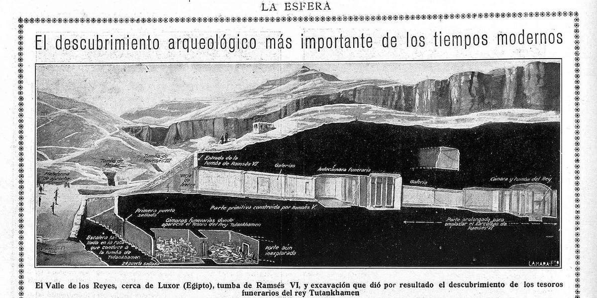 Dibujo del hallazgo de la tumba de Tutankhamón en la revista española 'La Esfera'.