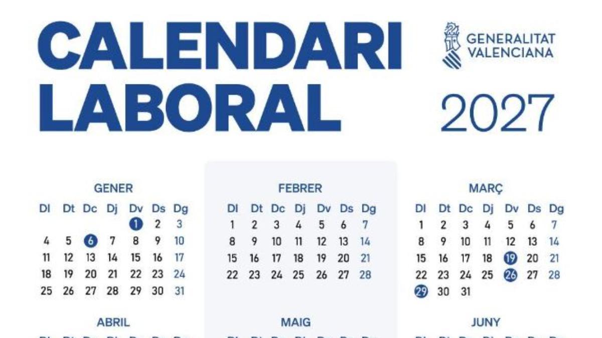Calendario laboral para 2027 en la Comunitat Valenciana.