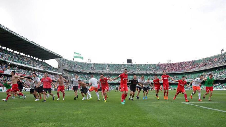 Los jugadores y técnicos del Sporting celebran el ascenso sobre el césped del Benito Villamarín.