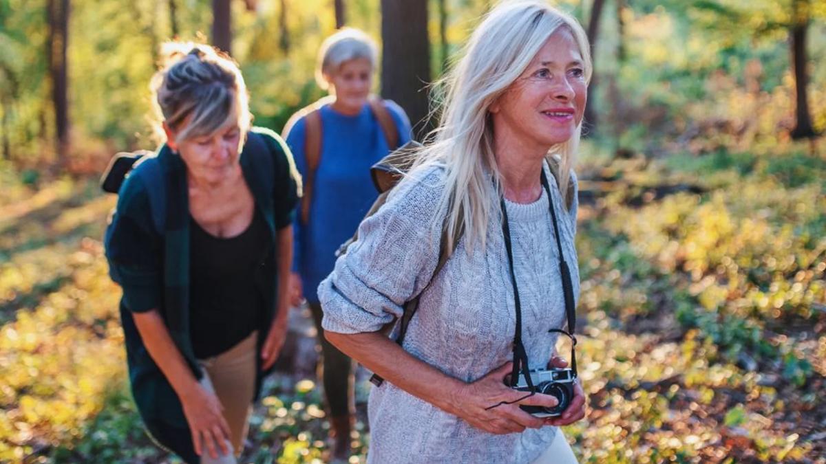 Grupo de personas caminando en el bosque