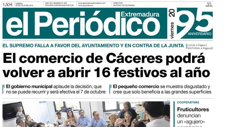 Esta es la portada de EL PERIÓDICO EXTREMADURA correspondiente al día 20 de julio del 2018