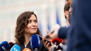 La presidenta de la Comunidad de Madrid, Isabel Díaz Ayuso, participa junto con el vicepresidente de CEOE y presidente de CEIM, Miguel Garrido, en un encuentro de trabajo con directivos y representantes de empresas españolas en Bruselas