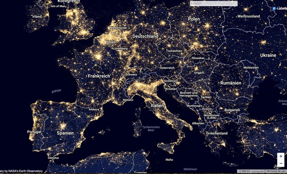 Mapa de contaminación lumínica en Europa