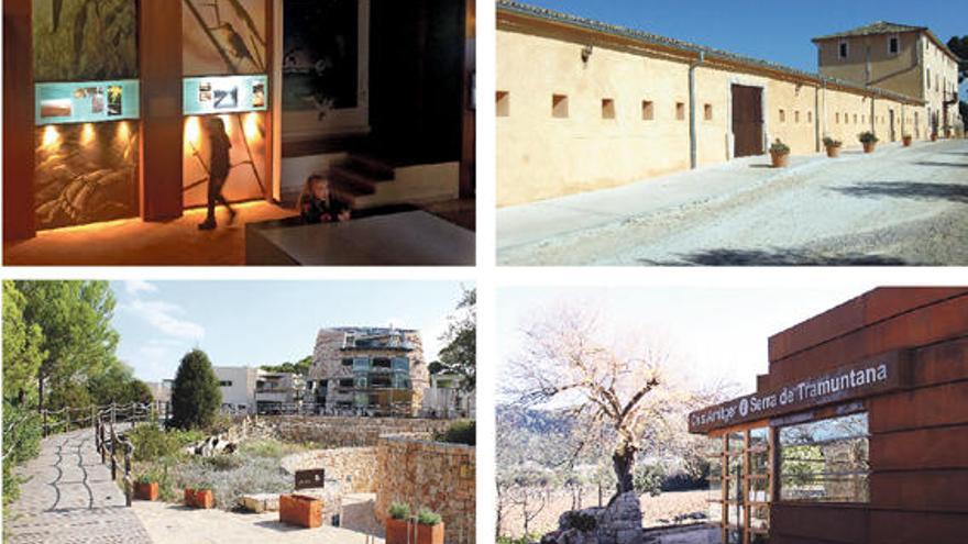 s´Albufera-Zentrum Can Bateman, Museum auf Son Real, Cabrera-Zentrum in Colònia Sant Jordi, Tramuntana-Zentrum bei Lluc (v. oben l. im Uhrzeigersinn)