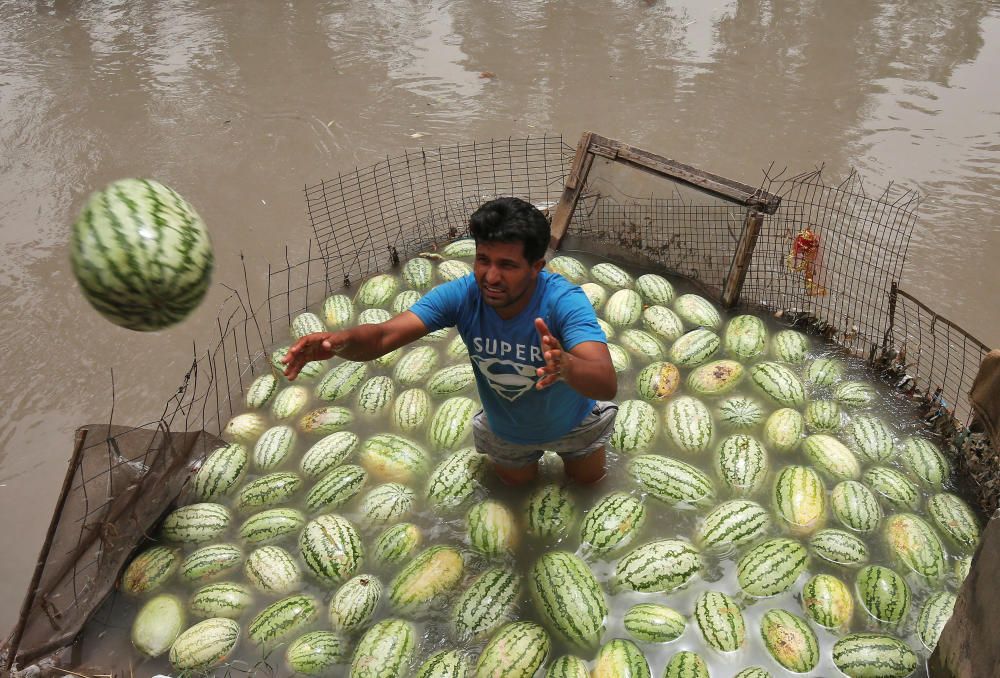 A vendor throws a watermelon that was kept in ...