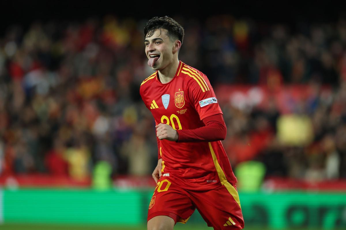Pedri Gonzalez of Spain celebrates after scoring a penalty during the UEFA Nations League Quarterfinal Leg Two match between Spain and Netherlands at Mestalla stadium on March 23, 2025 in Valencia, Spain. AFP7 23/03/2025 ONLY FOR USE IN SPAIN. Irina R. Hipolito / AFP7 / Europa Press;2025;SPAIN;SPORT;ZSPORT;SOCCER;ZSOCCER;Spain v Netherlands - UEFA Nations League Quarterfinal Leg Two