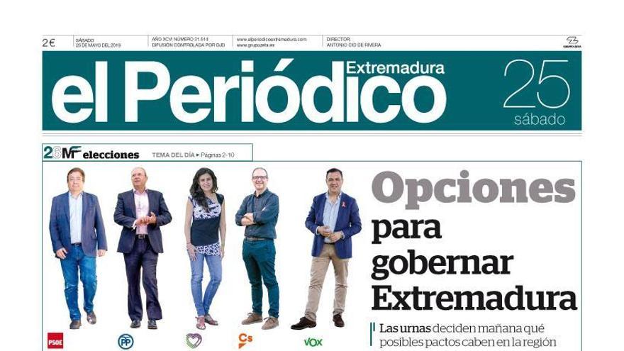 Esta es la portada de EL PERIÓDICO EXTREMADURA correspondiente al día 25 de mayo del 2019