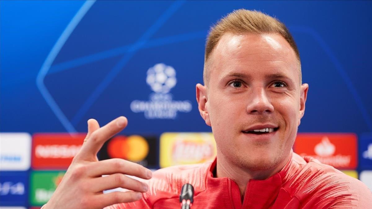 Ter Stegen, en la rueda de prensa previa al duelo con el United en el Camp Nou.