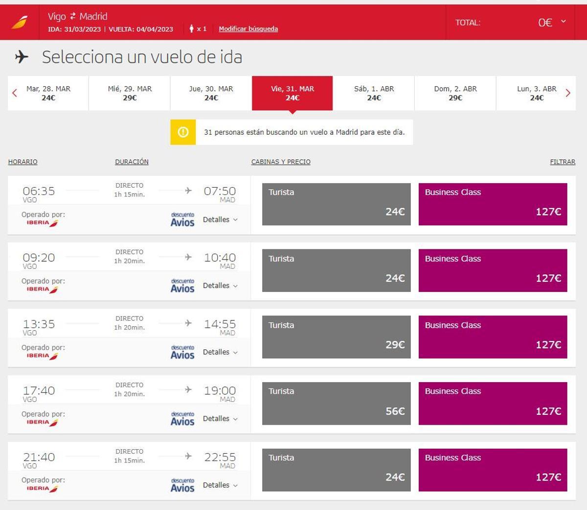 Precios de Iberia para viajar entre Vigo y Madrid durante la Semana Santa