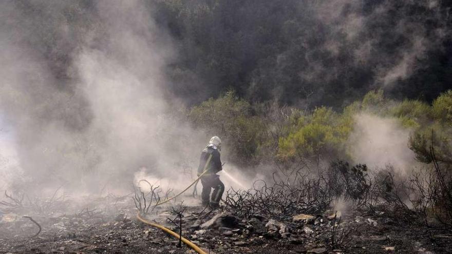 Un bombero realiza tareas de extinción en un incendio forestal en A Xesta en agosto. // Bernabé/Javier Lalín