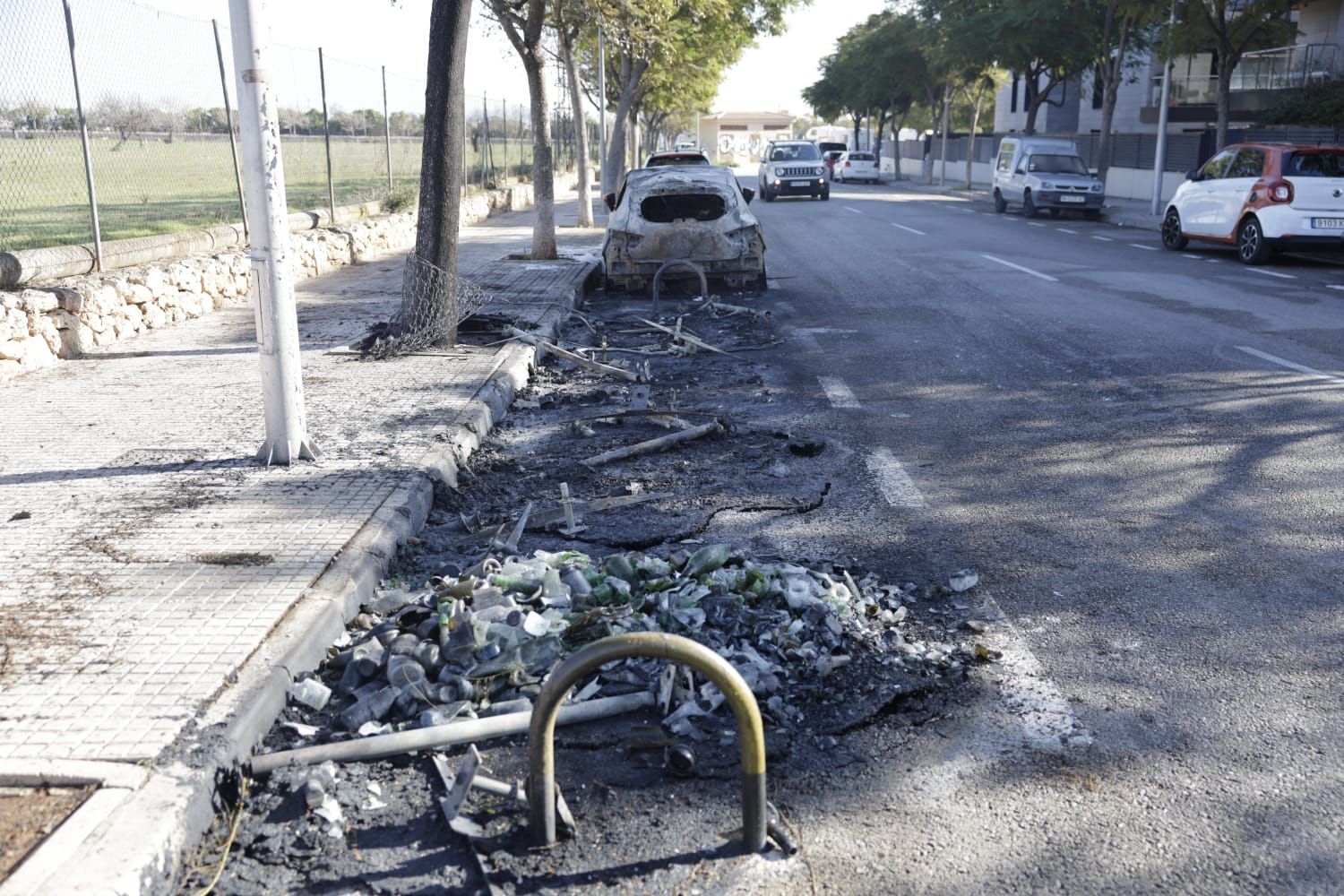 Un incendio destruye una batería de contenedores y varios coches en Palma