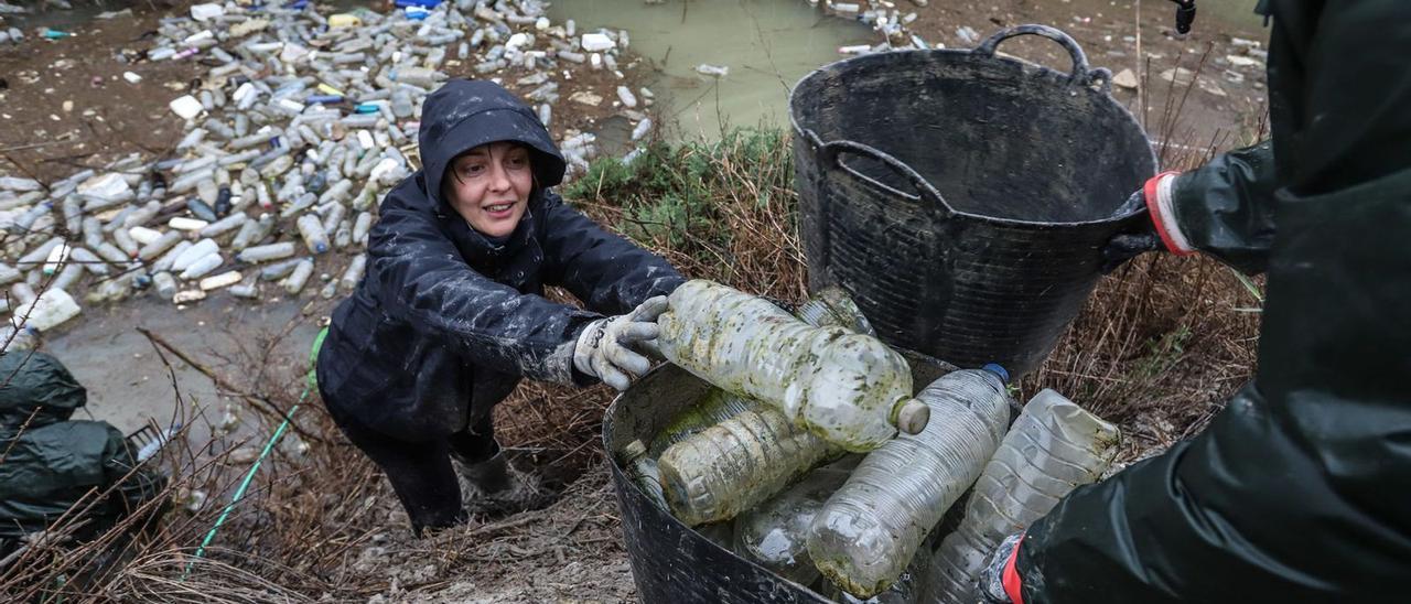 Imagen de una jornada de recogida voluntaria de residuos flotantes, sobre todo plásticos, en un azarbe de San Fulgencio. | TONY SEVILLA