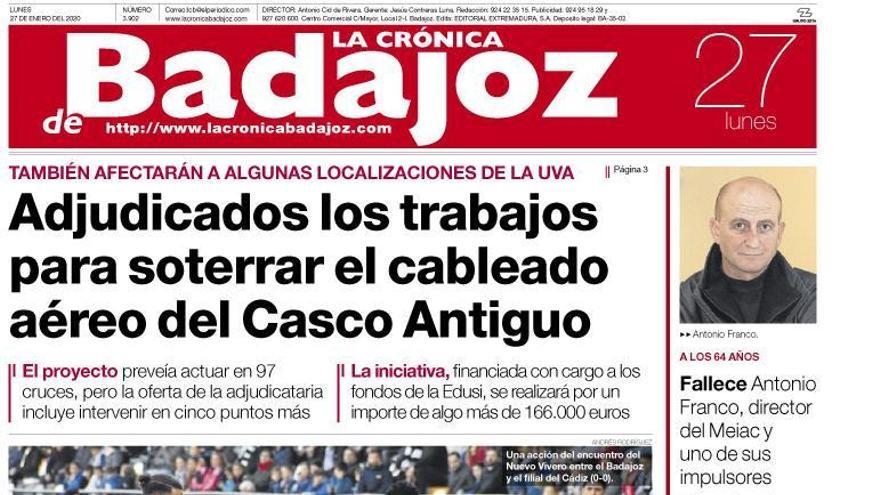 Esta es la portada de LA CRÓNICA DE BADAJOZ correspondiente al día 27 de enero del 2020