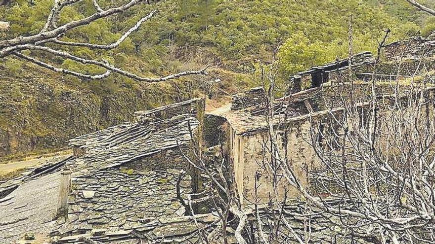 Estado de abandono de casas típicas de arquitectura negra en Riomalo de Arriba.