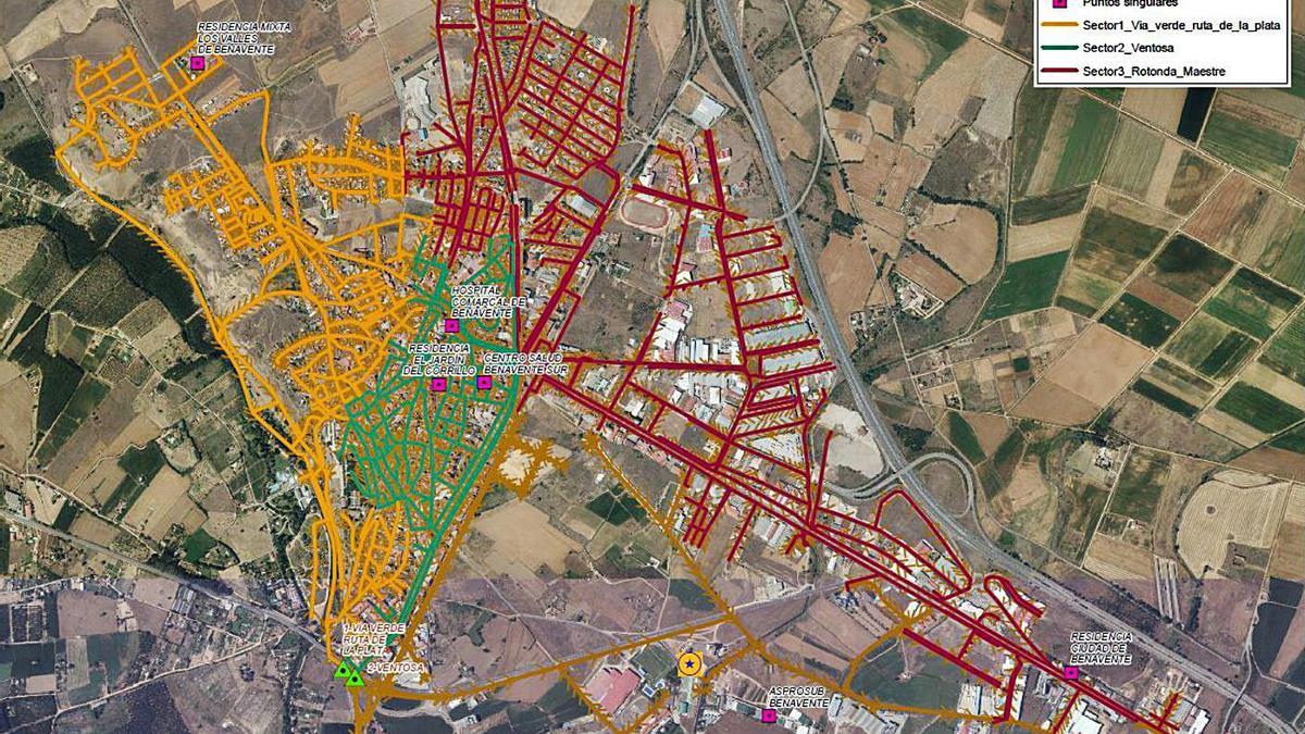 Zonas y puntos de muestreo del coronavirus en la red de aguas residuales de Benavente.