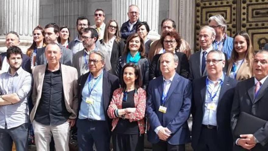 Representantes de los partidos que apoyan el Pacte del Botànic (PSPV, Compromís y Podemos) junto a sindicatos y patronal ante el Congreso.