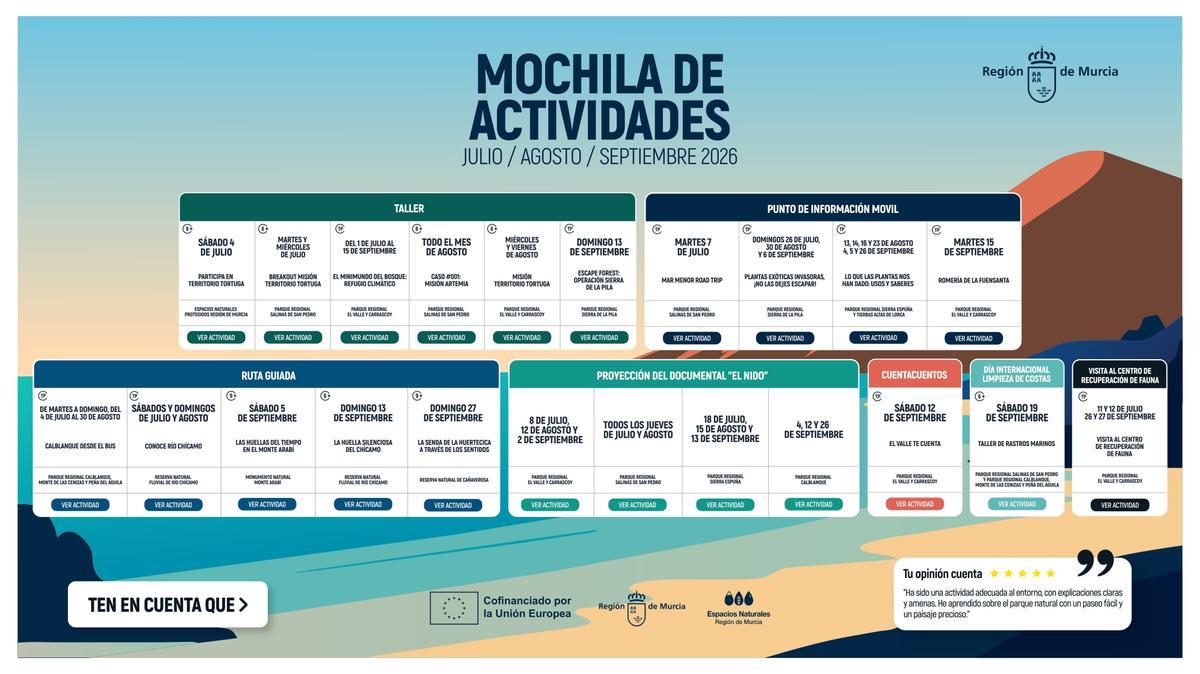 Mochila de actividades de julio a septiembre en la Región de Murcia.