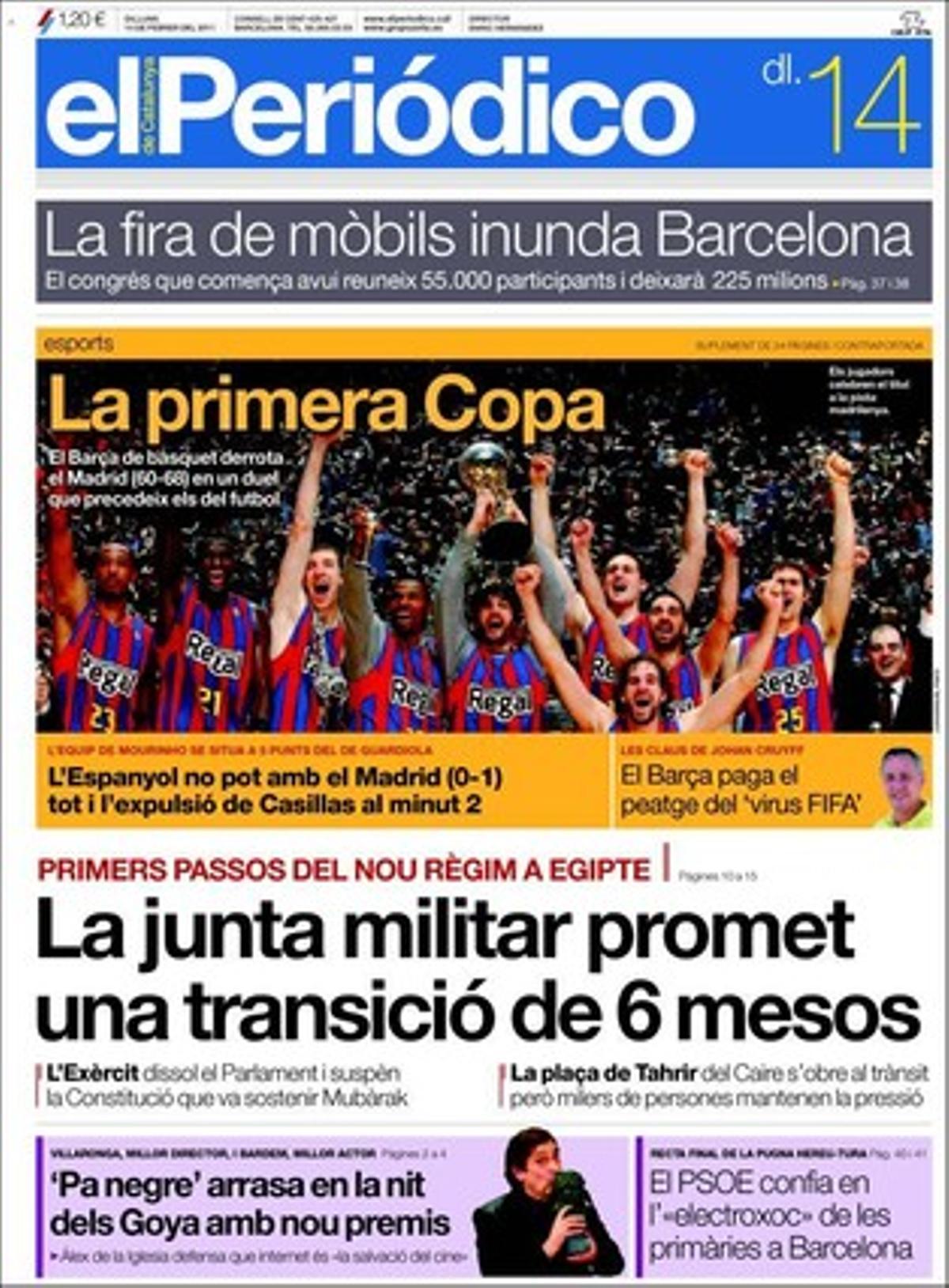 EL PERIÓDICO també dóna rellevància en pàgines interiors al fet que el Tribunal Suprem resoldrà sobre Sortu després de la proclamació de candidatures, i que ferits per bales de goma dels Mossos demanen que es prohibeixin. A més de les claus de Johan Cruyff, el suplement ’Esports’ ofereix els resultats dominicals de l’alta competició. 