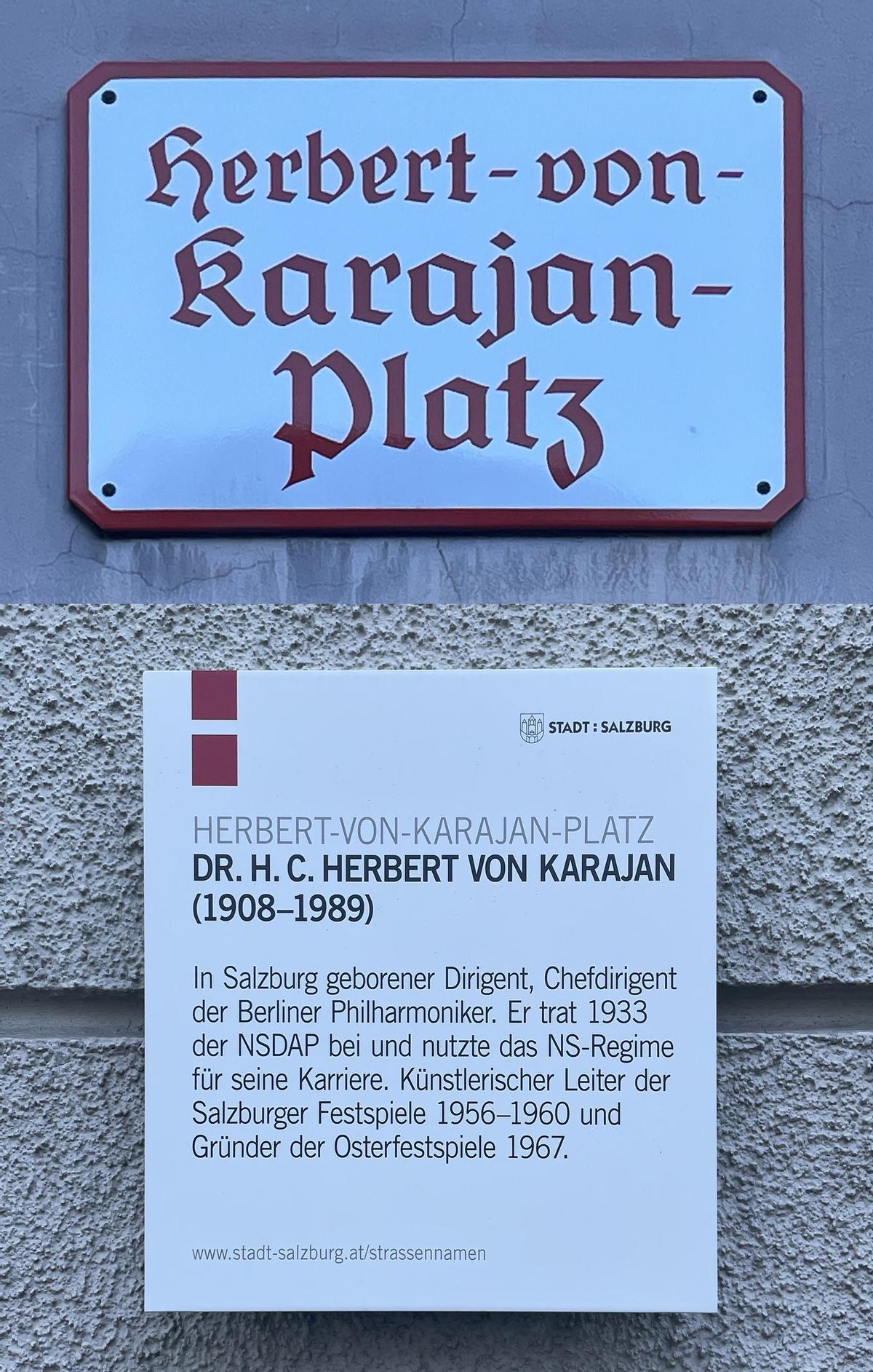 Placa informativa de la plaça de Herbert von Karajan de Salzburg, disposada per la vinculació d’aquest personatge amb el nazisme.
