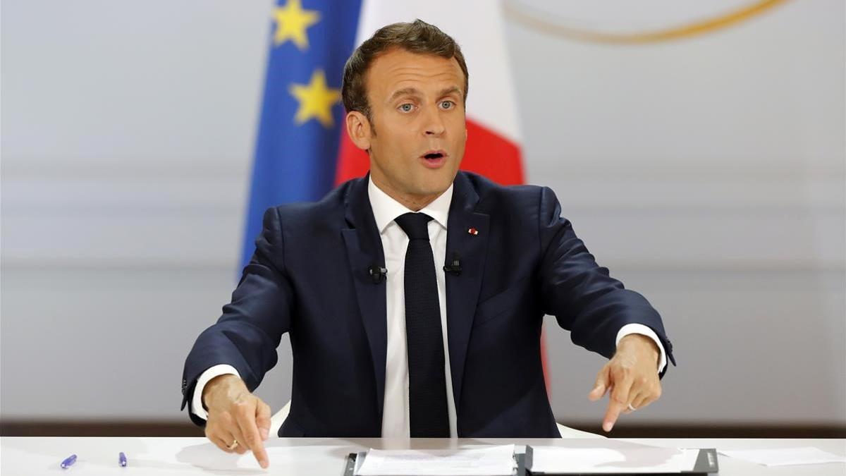 El presidente francés, Emmanuel Macron, durante la rueda de prensa que ha ofrecido en el Elíseo.