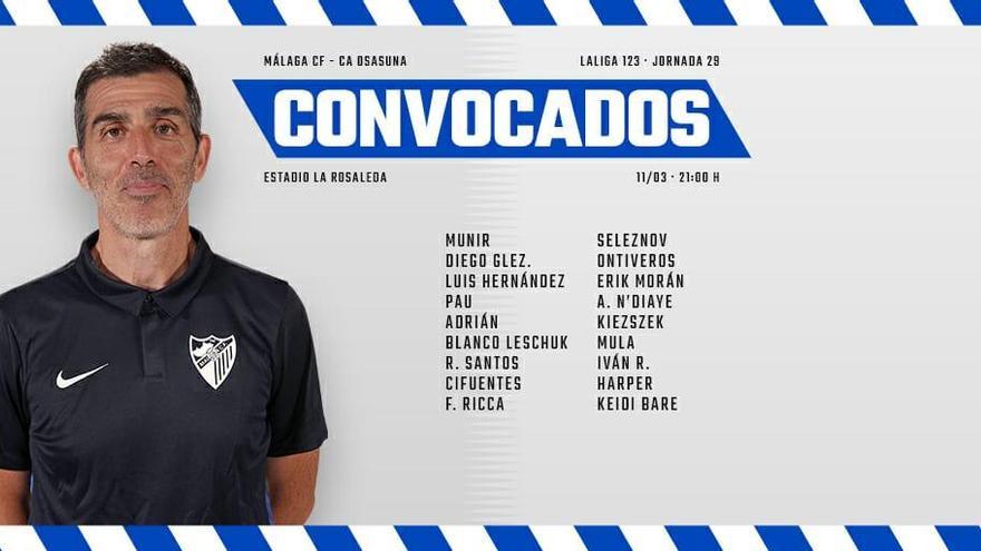 La lista de convocados para el encuentro contra Osasuna