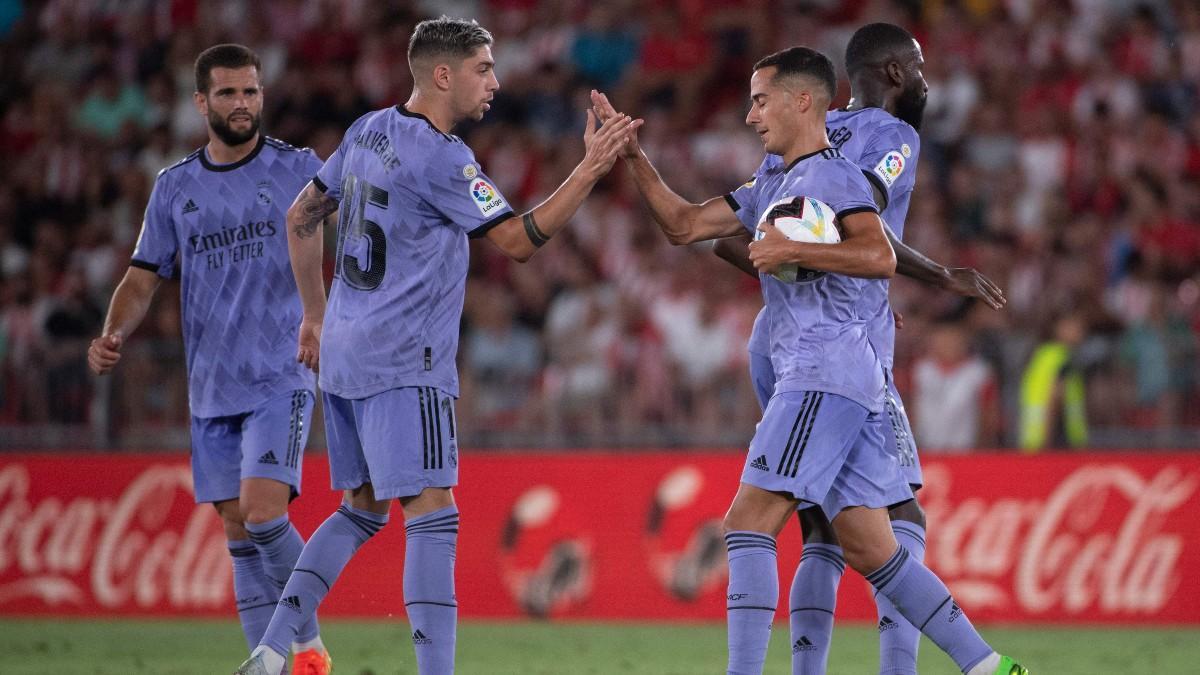 Lucas Vázquez celebra el tanto del empate junto a Fede Valverde