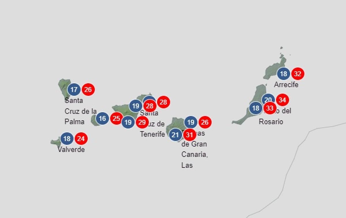 Mapa de la AEMET sobre las temperaturas en Canarias este sábado, 16 de marzo