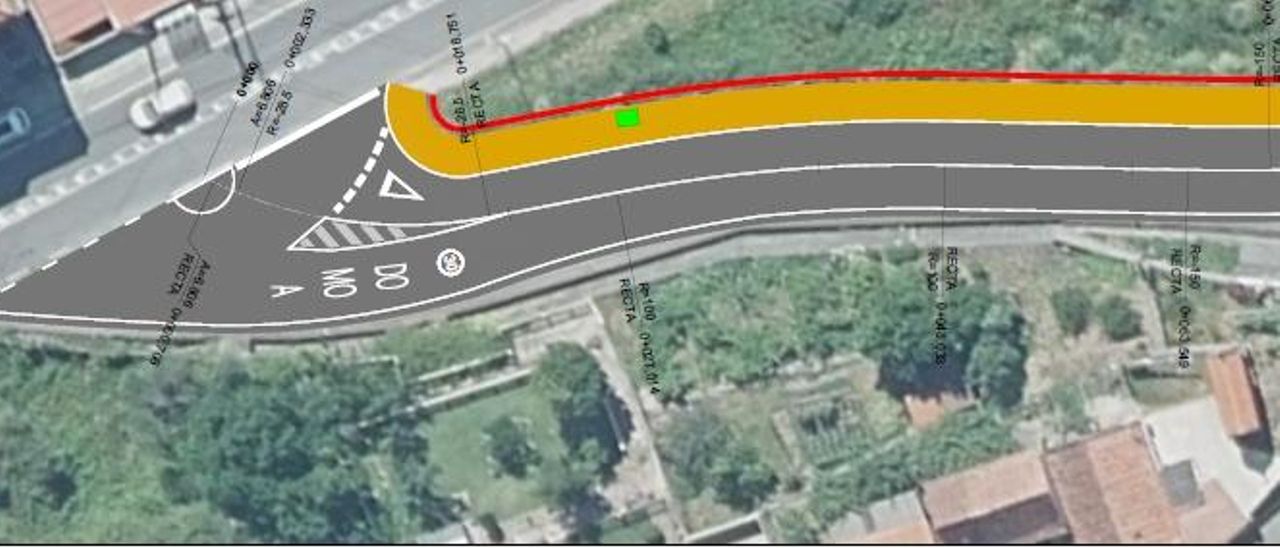 El inicio de la EP-1002 entre A Madalena y Aldán, a la altura del cruce con la PO-551 y con la senda marcada en naranja.