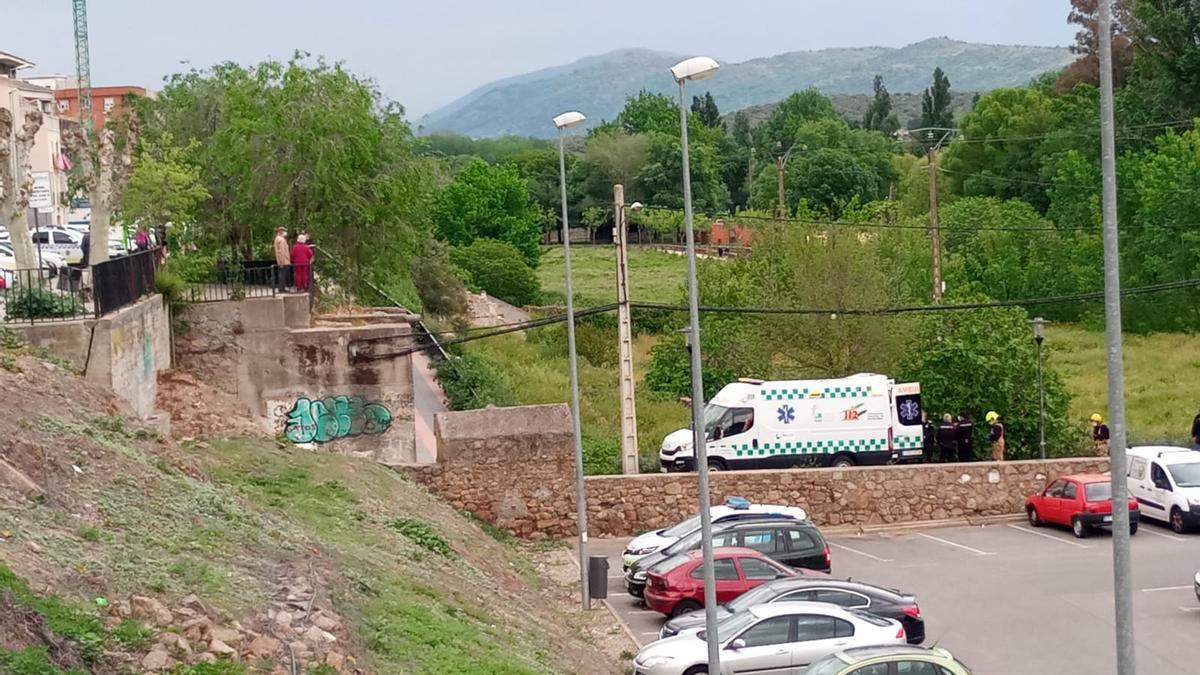 Imagen de la ambulancia y bomberos en el lugar en el que cayó la mujer desde la avenida, a la izquierda.