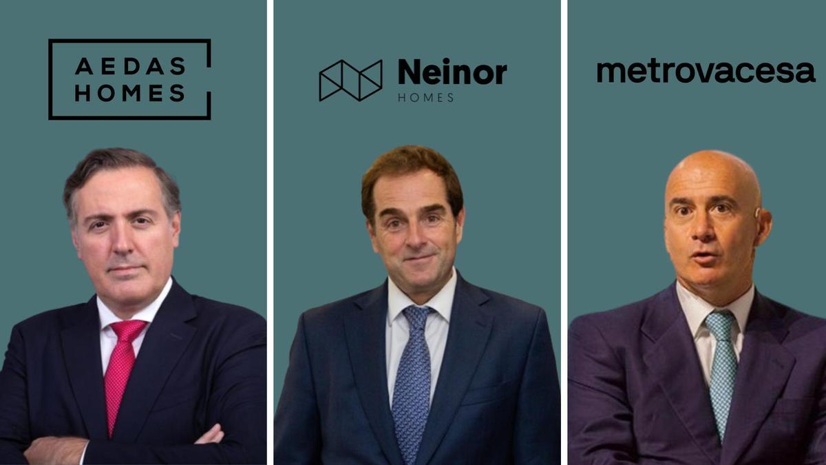 De izquierda a derecha: David Martínez, consejero delegado de Aedas Homes, Borja García-Egotxeaga, consejero delegado de Neinor Homes, y Jorge Pérez de Leza, consejero delegado de Metrovacesa