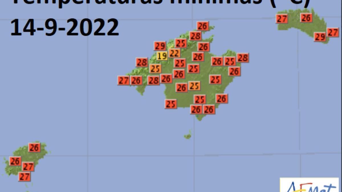 Sieht zwar aus wie die Temperaturen tagsüber, es sind aber die Tiefstwerte der Nacht auf Mittwoch auf Mallorca.