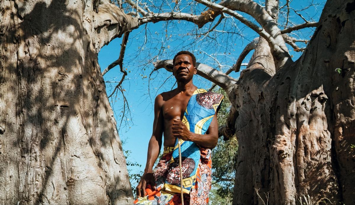 Hombre entre baobabs vestido con ropa tradicional (Garganta, provincia de Namibe).