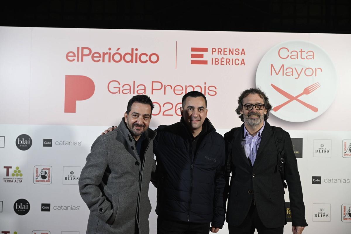Germán Espinosa, restaurante Mae;  Paolo Casagrande, restaurante Lasarte;  y Oriol Ivern, restaurante Hisop