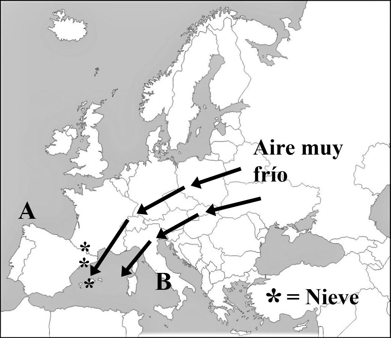 Mapa en el que se aprecian un anticiclón en el Atlántico y una borrasca sobre Italia o Génova, que crean un pasillo de vientos de nordeste.