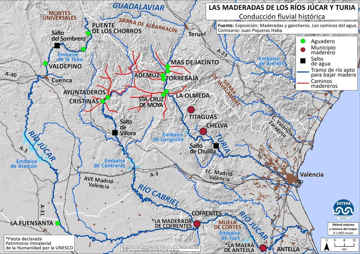 Mapa de las maderadas de los ríos Júcar y Turia.