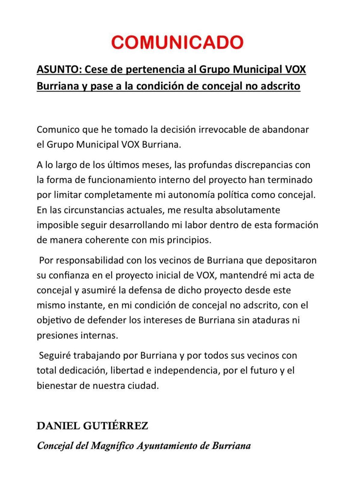 Carta de renuncia del concejal Daniel Gutiérrez.