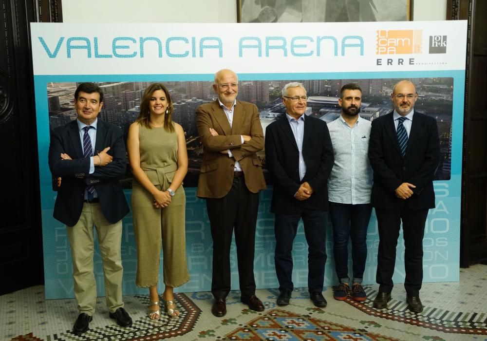 Fernando Giner, Sandra Gómez, Juan Roig, Joan Ribó, Pere Fuset y Eusebio Monzó, en la presentación del Arena para València