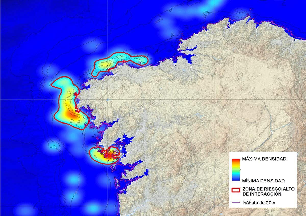 Mapa de las interacciones entre orcas y barcos en la costa gallega, elaborado con datos de 2022 a 2025.
