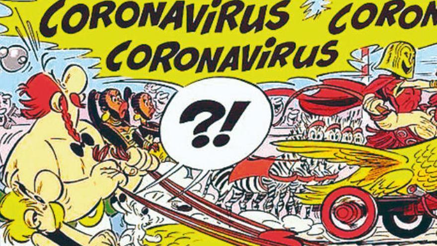 Viñeta del cómic Astérix en Italia, con Coronavirus en su cuadriga.