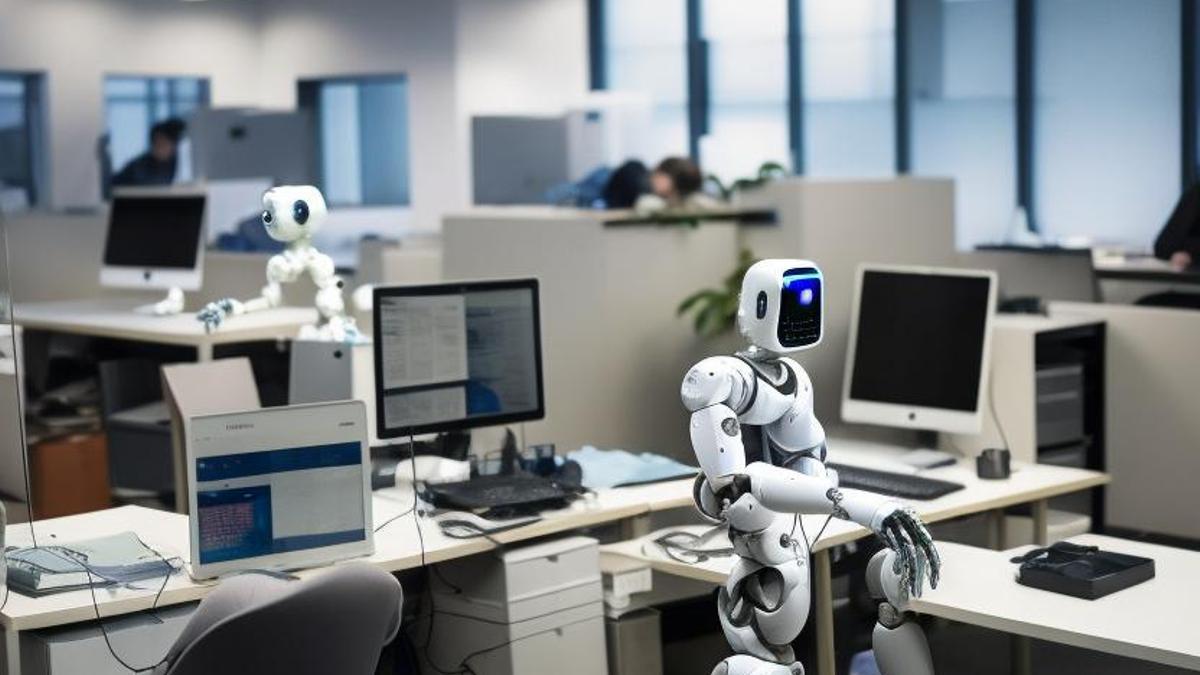 Robots y periodistas trabajando en la redacción de un diario