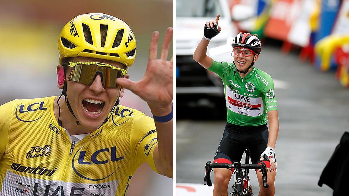 Pogacar a la izquierda ganando el Tour este 2026 y a la derecha en la Vuelta de 2019.