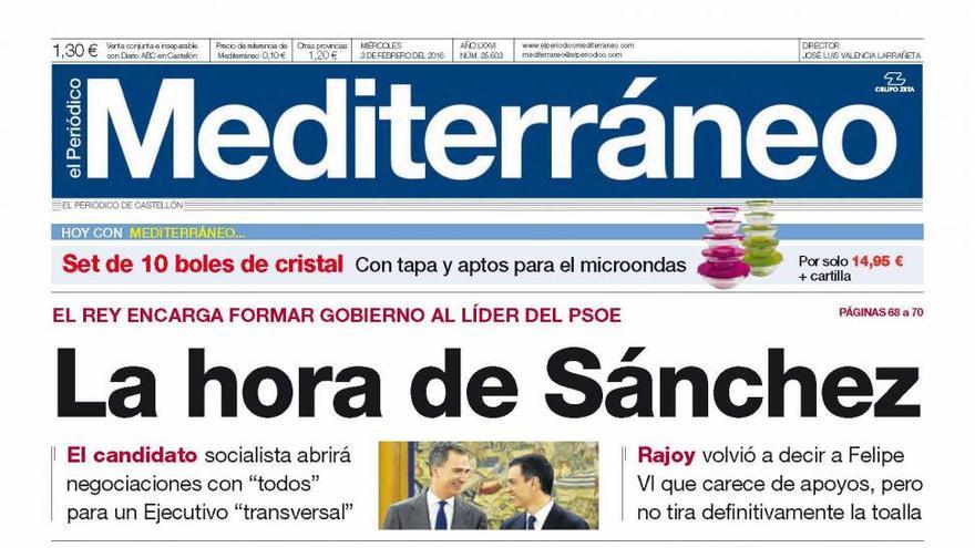 La hora de Sánchez, hoy en la portada de Mediterráneo