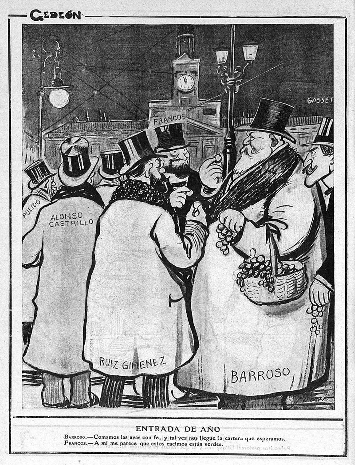 Caricatura del 1 de enero de 1911 con varios políticos comiendo las uvas en la Puerta del Sol