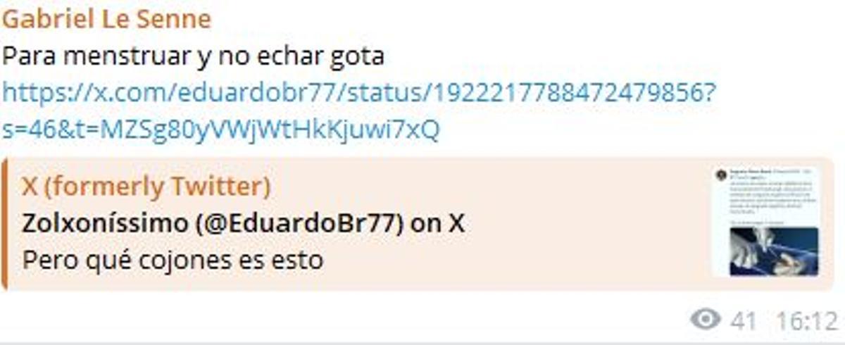 El presidente del Parlament balear compartió el mensaje transfóbico en su canal de Telegram