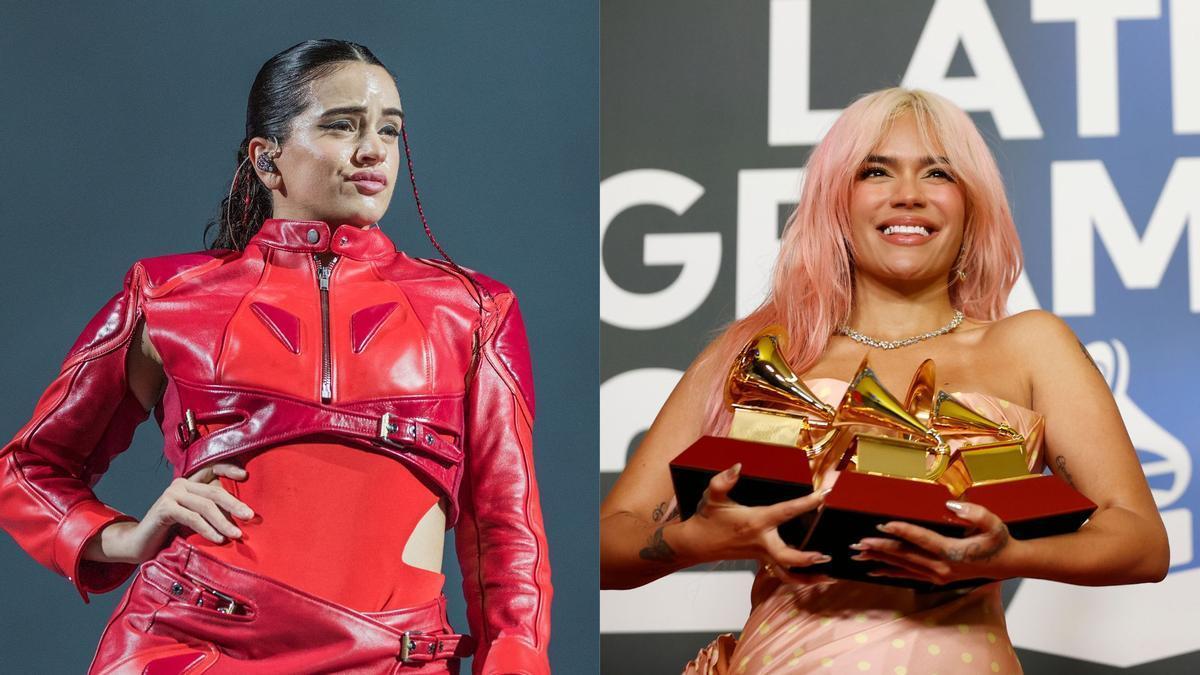 Las cantantes Rosalía y Karol G.