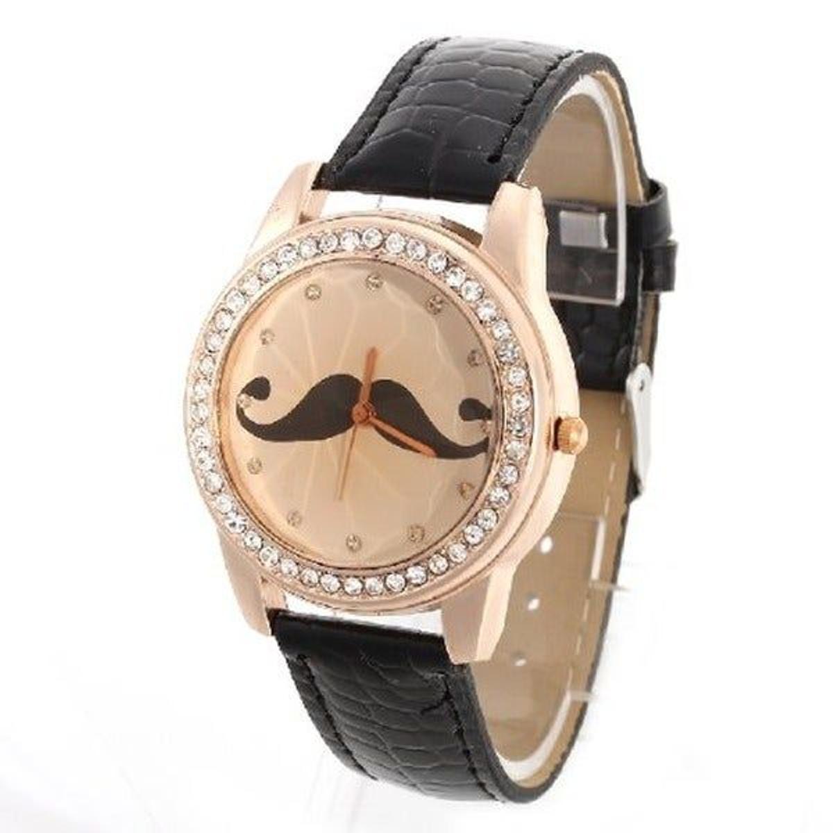 Reloj Redondo Pulsera Bigote Cuarzo Correa Negro