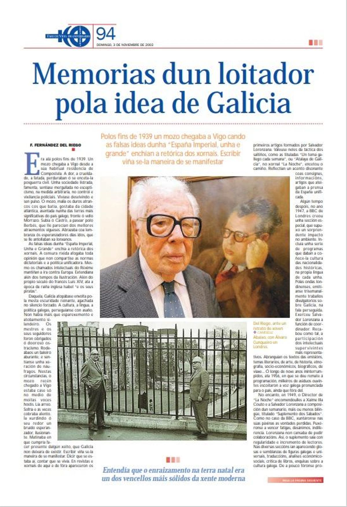 Páxina de Del Riego coas súas memorias no Faro de Vigo.