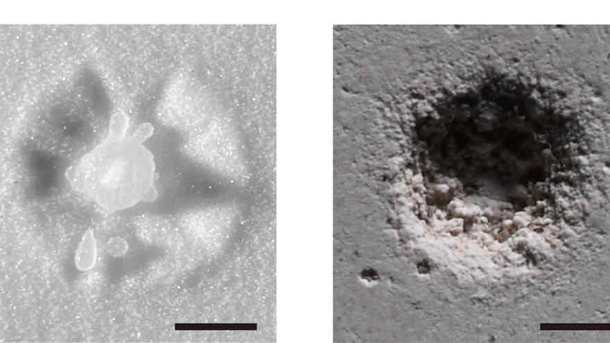 Impacto que pueden tener gotas de agua en una superficie arenosa granular (izquierda) frente a una superficie dura de yeso (derecha).