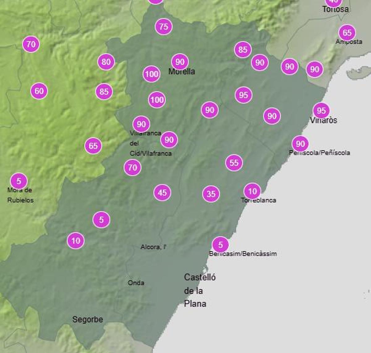 Probabilidad de precipitaciones para el sábado 25 entre las 12.00 y las 18.00 horas